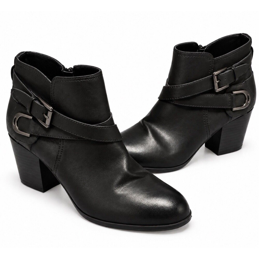 Sofia Taylor Womens 8.5 M Black Ankle Boots Buckle Strap Block Heel Booties